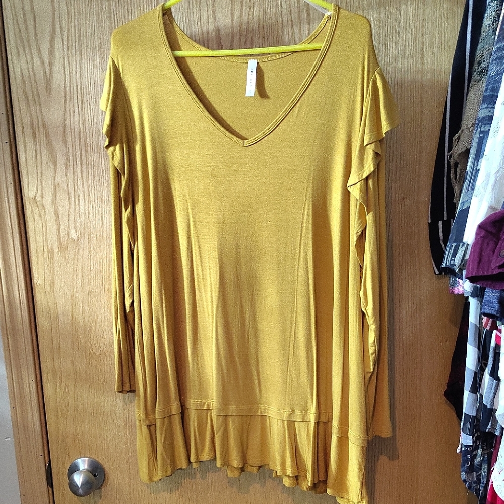 Emerald Mustard V-Neck Ruffle-Hem Tunic
